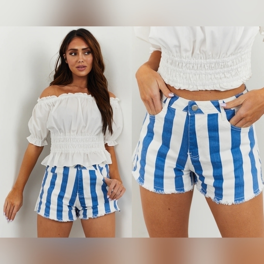 Buckle Saints & Hearts Cobalt And Off White Striped Denim Shorts